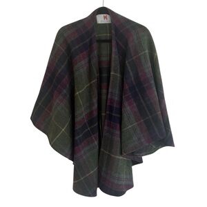 John Hanly Ireland 100% Lambswool Green Navy Purple Plaid Shawl Cape